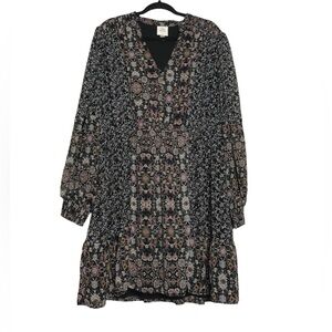 Knox Rose Brown Mixed Floral Print Long Puff Sleeve Babydoll Dress Sz XXL Boho